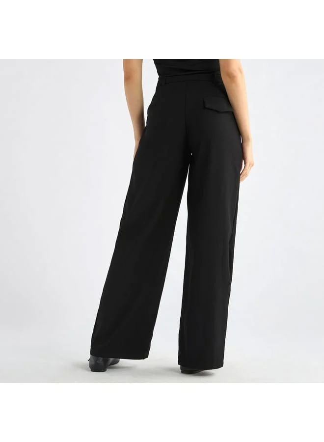 Splash FAV Solid Belted Wide Leg Trousers with Pockets