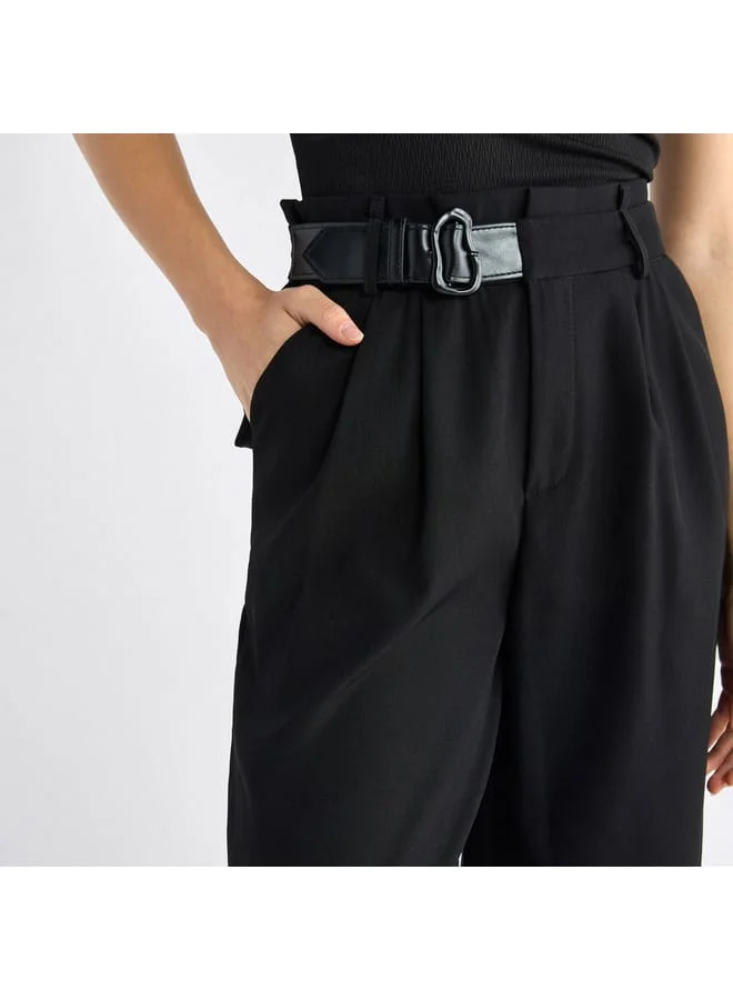 Splash FAV Solid Belted Wide Leg Trousers with Pockets