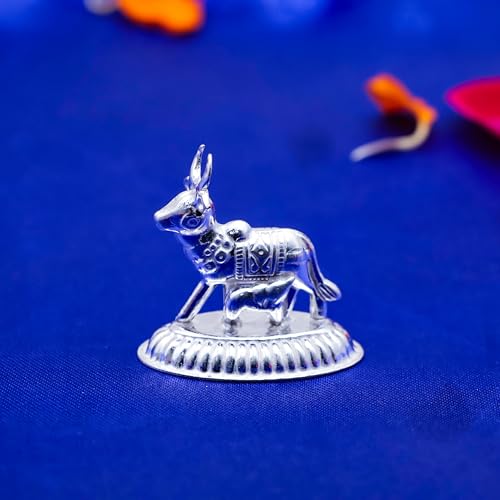 ROLIMOLI Pure Silver Kamdhenu Cow and Calf Idol for Pooja/Worship and Gifting Purpose (Size : L-3.4cm * W-2cm * H-3cm | Weight : 5.5gm Approxe) - Image 1