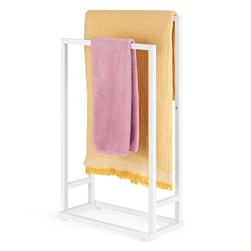 BTY Freestanding Towel Racks for Bathroom 2 Tier Hand Towel Drying Rack Metal Blanket Towel Holder Stand for Bedroom Indoor Outdoor Pool Small Blanket Rack (Matte White) - Image 1