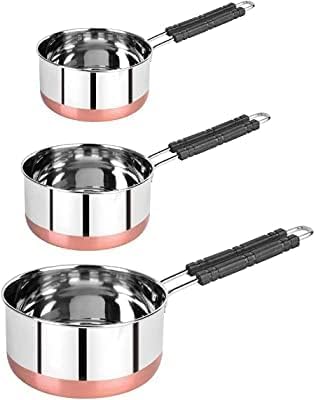 BPE Stainless Steel Copper Bottom Saucepans with lids, Flat Base Sauce Pan, Tea Pan, Milk Pan, Tapeli Patila, Sauce Pot Cookware with lids Combo Set of 3 - Image 1