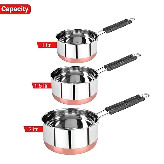 BPE Stainless Steel Copper Bottom Saucepans with lids, Flat Base Sauce Pan, Tea Pan, Milk Pan, Tapeli Patila, Sauce Pot Cookware with lids Combo Set of 3 - Image 2