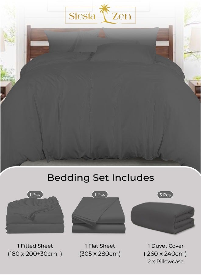 القيلولة زين طقم سرير كينج من سييستا زين – 1 ملاءة مطاطية، 1 ملاءة مسطحة، 1 غطاء لحاف و أغطية وسائد | ناعم للغاية، متين ومريح | لون رمادي أنيق | جودة فندقية - Image 1