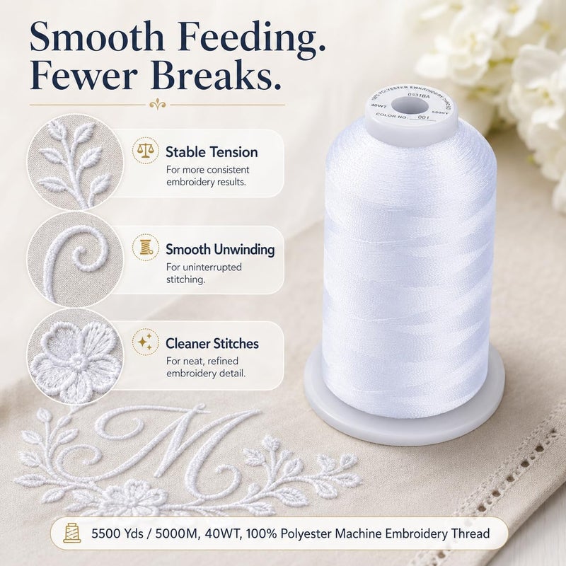 سيمثريد خيط تطريز 5500 ياردة 100% بوليستر، لماكينات Brother، Babylock، Janome، Singer، Pfaff، Husqvarna، Bernina والمزيد - أبيض - Image 5
