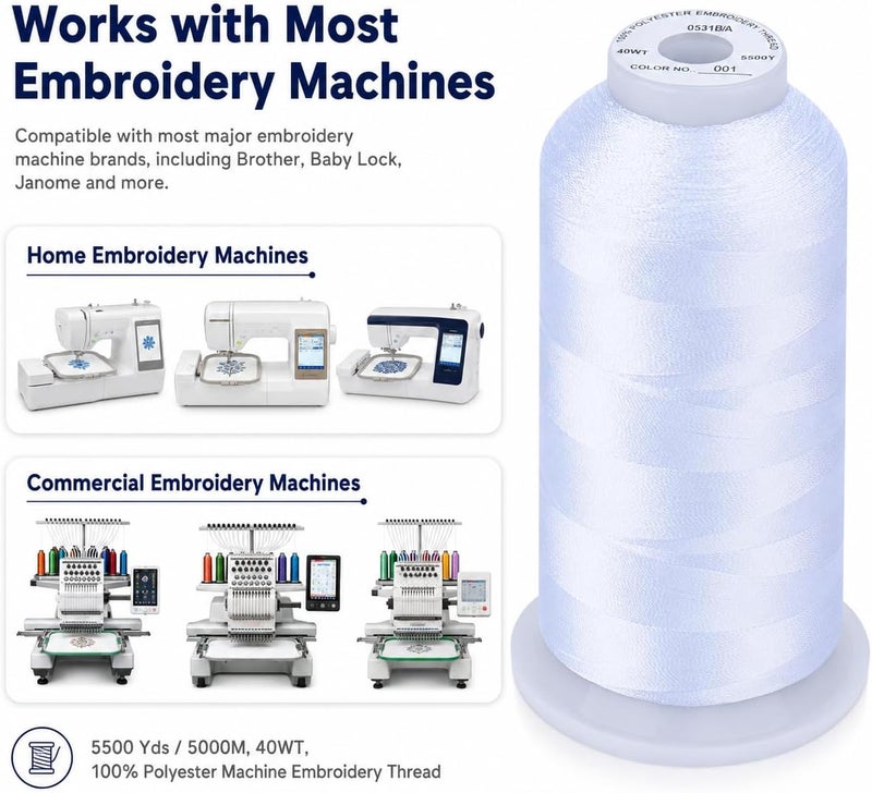 سيمثريد خيط تطريز 5500 ياردة 100% بوليستر، لماكينات Brother، Babylock، Janome، Singer، Pfaff، Husqvarna، Bernina والمزيد - أبيض - Image 3