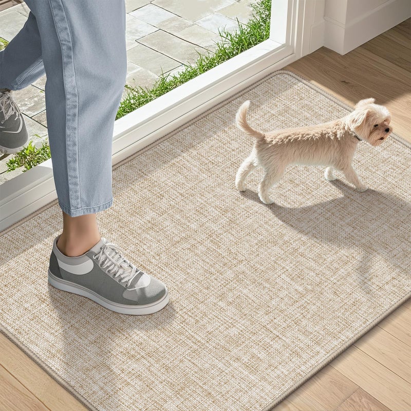 LEKEEPGO Ultra Thin Indoor Door Mat 17"x29", Low-Profile Door Mat Indoor Entrance, Non Slip Rubber Backing Inside Doormat Washable Welcome Front Entryway Dirt Trapper Entry Mat, Khaki - Image 1