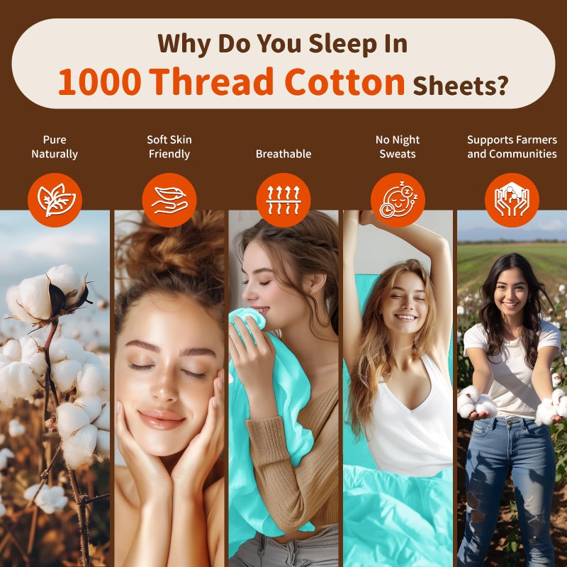 LBRO2M LBRO2M 1000 Thread Count 100% Cotton Sheets Set King Size Bed Sheet 4 Piece Sets Long Staple 16 Inches Deep Pocket All Season Bedding Super Soft Comforterble Breathable Sateen(Lake Green)  - Image 4
