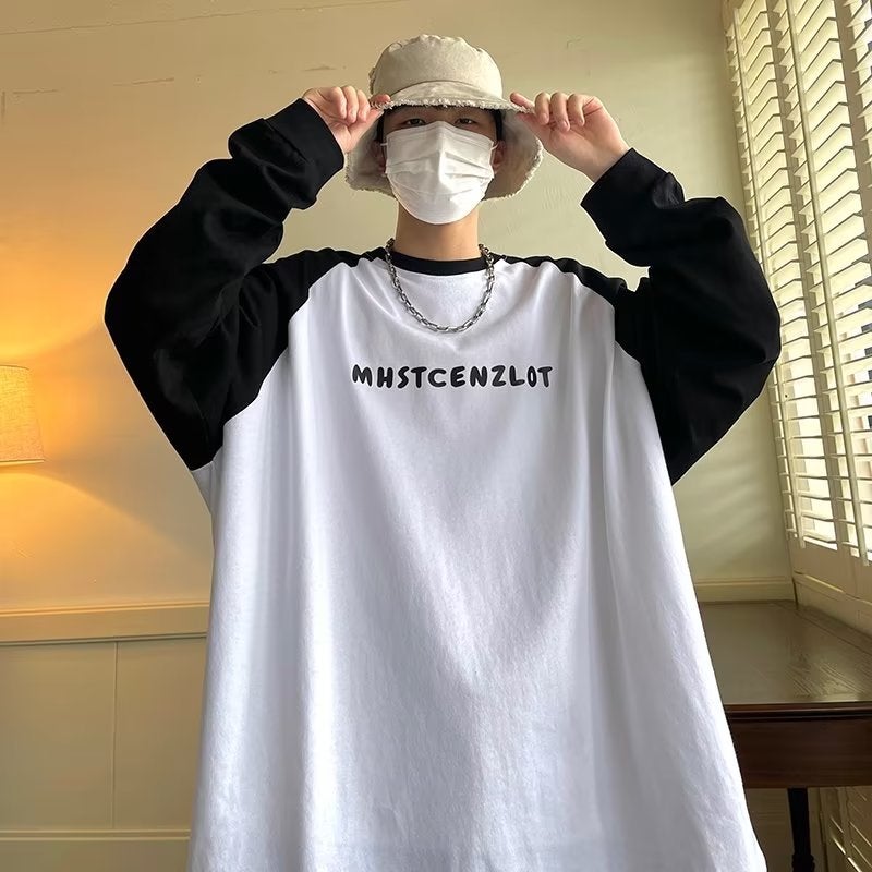 Ins Trendy Brand Printed Long-sleeved T-shirt Couple's Color Matching All-match Korean-style Loose Top Japanese Style Pure Cotton T-shirt Men's Wear - Image 5