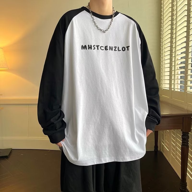 Ins Trendy Brand Printed Long-sleeved T-shirt Couple's Color Matching All-match Korean-style Loose Top Japanese Style Pure Cotton T-shirt Men's Wear - Image 2