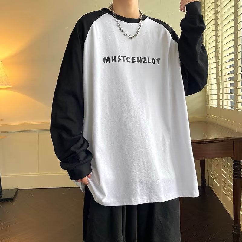 Ins Trendy Brand Printed Long-sleeved T-shirt Couple's Color Matching All-match Korean-style Loose Top Japanese Style Pure Cotton T-shirt Men's Wear - Image 1