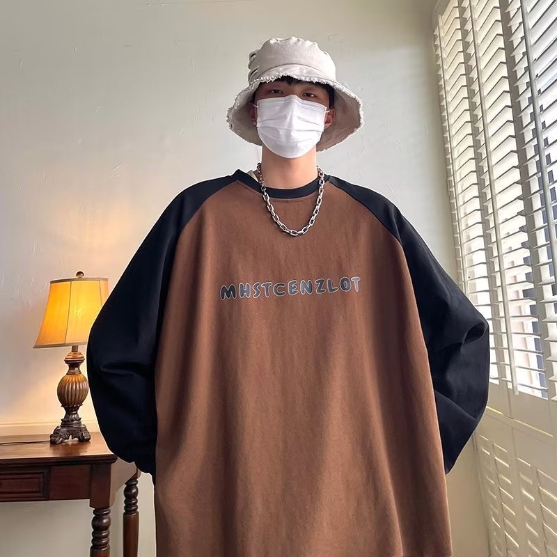 Ins Trendy Brand Printed Long-sleeved T-shirt Couple's Color Matching All-match Korean-style Loose Top Japanese Style Pure Cotton T-shirt Men's Wear - Image 4