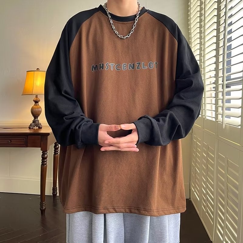Ins Trendy Brand Printed Long-sleeved T-shirt Couple's Color Matching All-match Korean-style Loose Top Japanese Style Pure Cotton T-shirt Men's Wear - Image 3