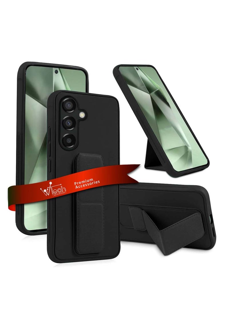 Wtech Samsung Galaxy S24 FE 5G 2024 Hand Grip Foldable Magnetic Kickstand Wrist Strap Finger Grip With Built-In Iron Case Cover Black - Image 1