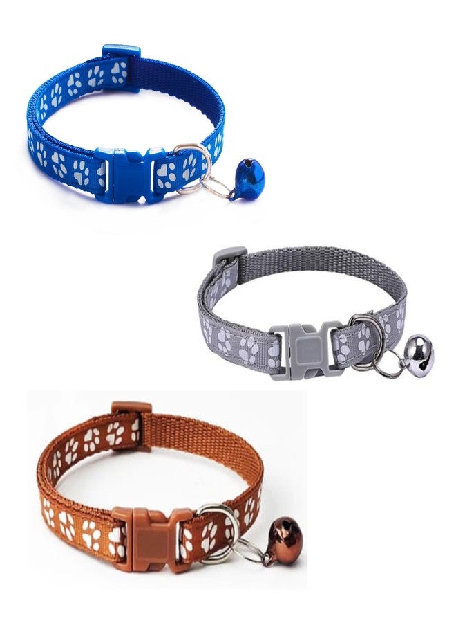 Litvibes Cat collars Set of 3 with bell,Kitten and small dogs soft adjustable collar safe,protection breakaway for cats and puppies,cute kitty neckband with Paw print- (Brown,Dark Blue,Grey),14x2 cm - Image 1