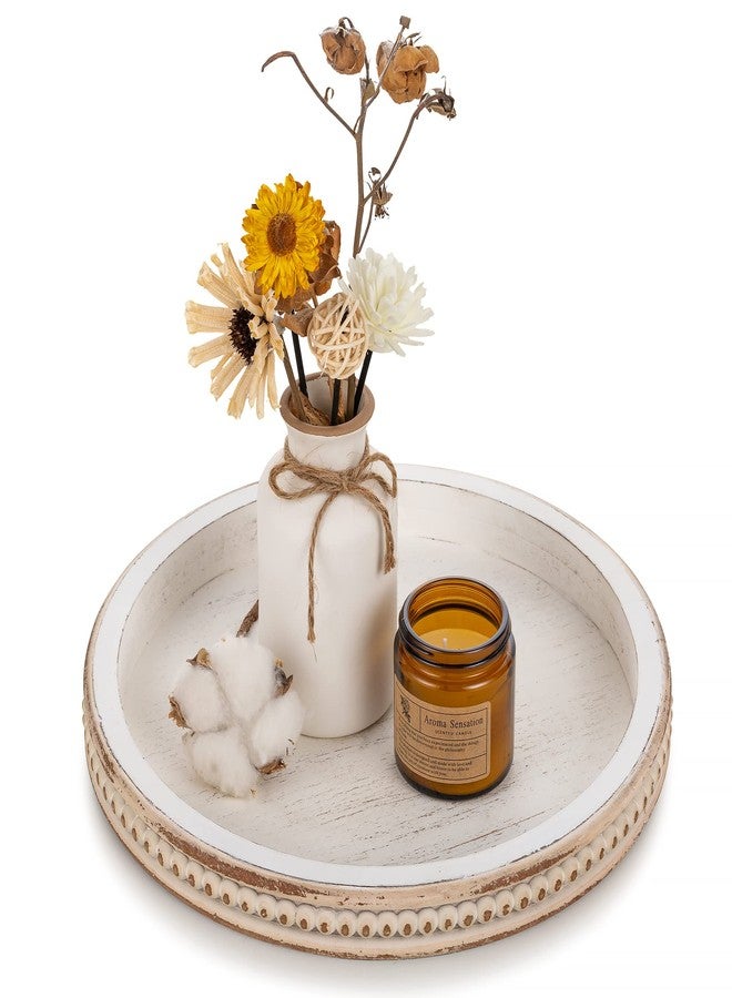 Hanobe Round Wooden Decorative Tray: White Washed Bead Tray Decor for Coffee Table Centerpiece Rustic Farmhouse Tray for Kitchen Counter Living Room Decoration - Image 1