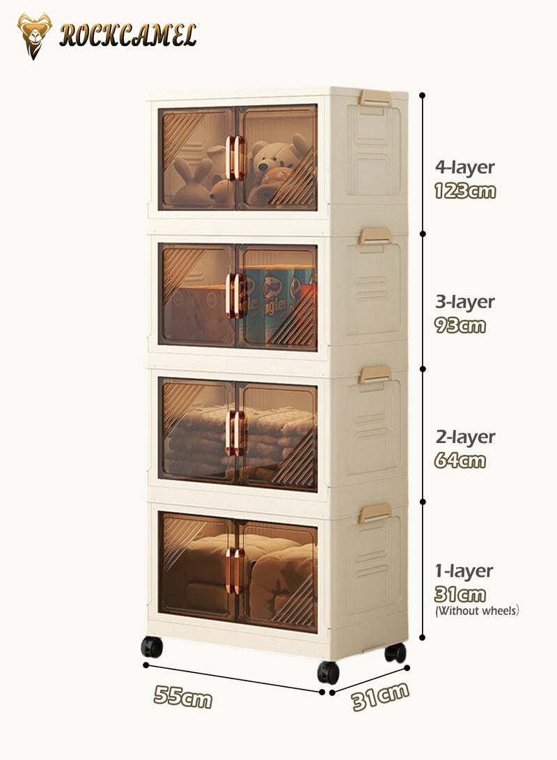 ROCKCAMEL Folding Storage Cabinet 55cm, 4 Layer Stackable Plastic Storage Bins with Wheels and Clear Doors, Toy Storage Box, Snacks Locker, Bookcase (55x31x123cm) - Image 5