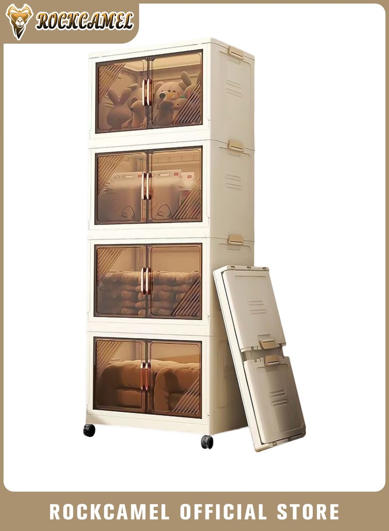 ROCKCAMEL Folding Storage Cabinet 55cm, 4 Layer Stackable Plastic Storage Bins with Wheels and Clear Doors, Toy Storage Box, Snacks Locker, Bookcase (55x31x123cm) - Image 1