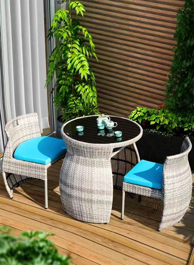fashionhome Set of 3 Multipurpose Use Stackable Outdoor Patio Bistro Set 2 Tiers Glass Top Dining Table with 2 Ergonomic Design Backrest Comfortable Rattan Chairs Garden Dinning Table and Chair Furniture Set for Yard Deck Garden Poolside Living Room 48x56x70 and 70x74 cm - Image 1