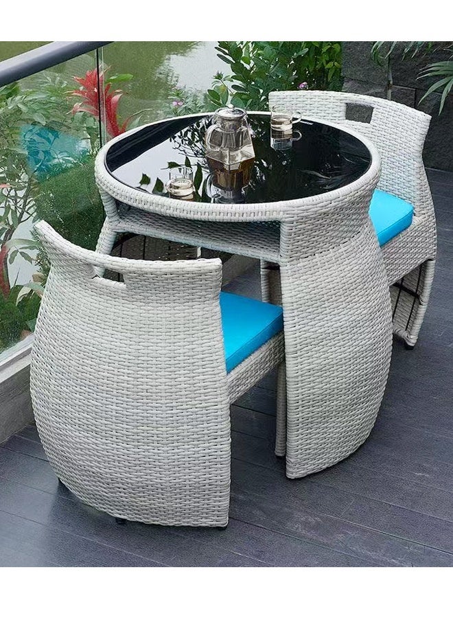 fashionhome Set of 3 Multipurpose Use Stackable Outdoor Patio Bistro Set 2 Tiers Glass Top Dining Table with 2 Ergonomic Design Backrest Comfortable Rattan Chairs Garden Dinning Table and Chair Furniture Set for Yard Deck Garden Poolside Living Room 48x56x70 and 70x74 cm - Image 4