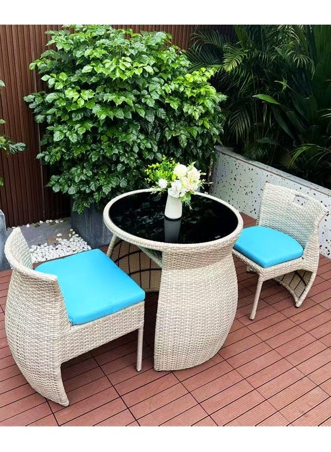 fashionhome Set of 3 Multipurpose Use Stackable Outdoor Patio Bistro Set 2 Tiers Glass Top Dining Table with 2 Ergonomic Design Backrest Comfortable Rattan Chairs Garden Dinning Table and Chair Furniture Set for Yard Deck Garden Poolside Living Room 48x56x70 and 70x74 cm - Image 5