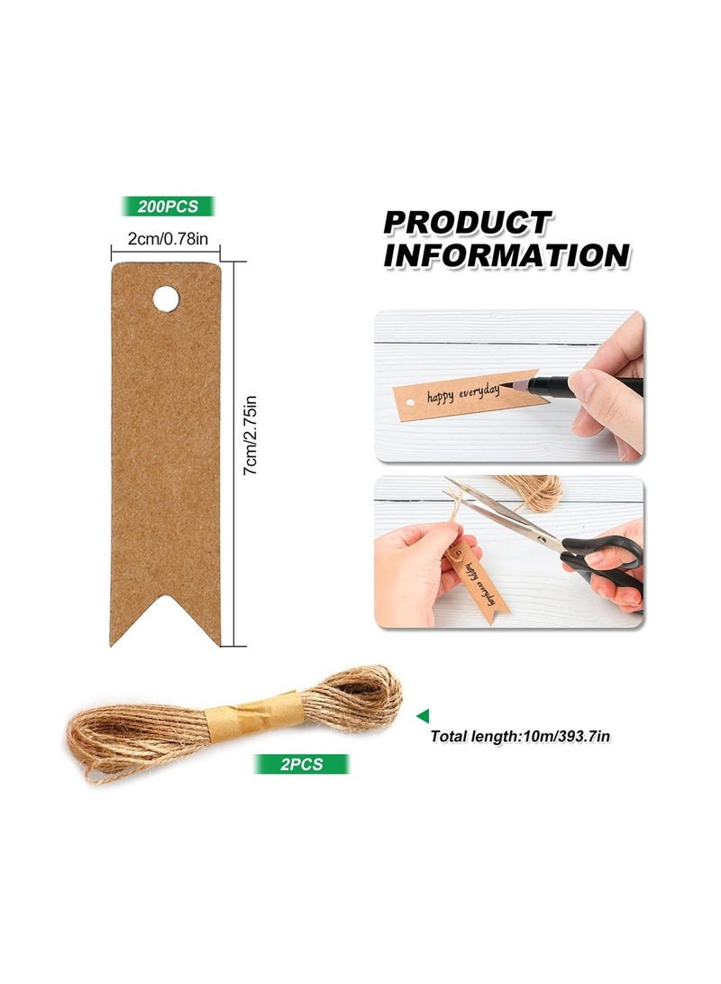 KASTWAVE بطاقات هدايا من ورق كرافت مع خيوط جوت طبيعية بطول 20م، 200 قطعة بطاقات هدايا صغيرة فارغة، بطاقات سعر، ملصقات مستطيلة بنية للأكياس والهدايا والحرف (7x2 سم) - Image 2