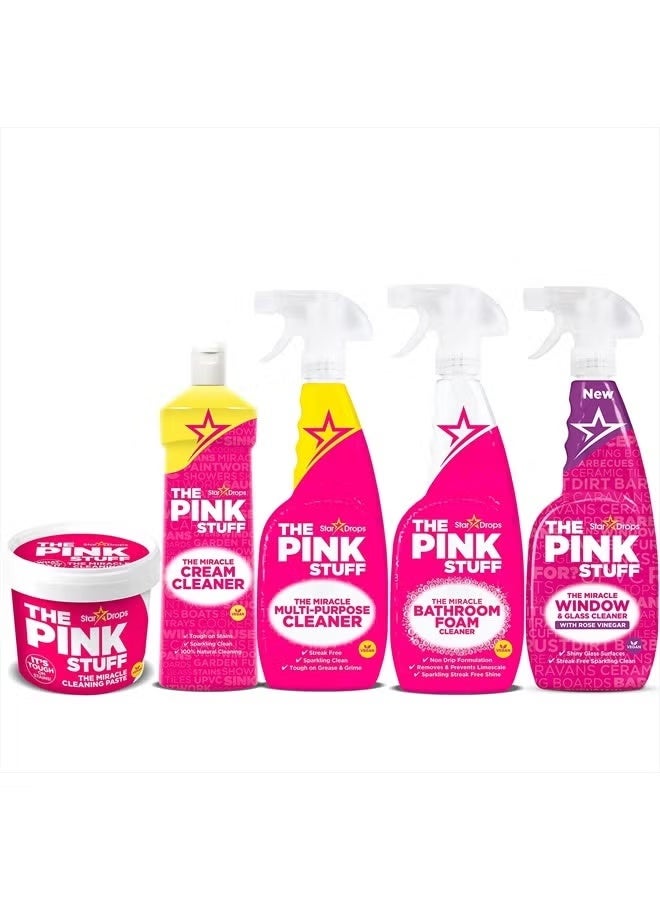 ذا بينك ستاف - مجموعة معجون التنظيف المعجزة، وبخاخ متعدد الأغراض، وبخاخ رغوة الحمام، ومنظف النوافذ والزجاج، وحزمة منظف كريمي