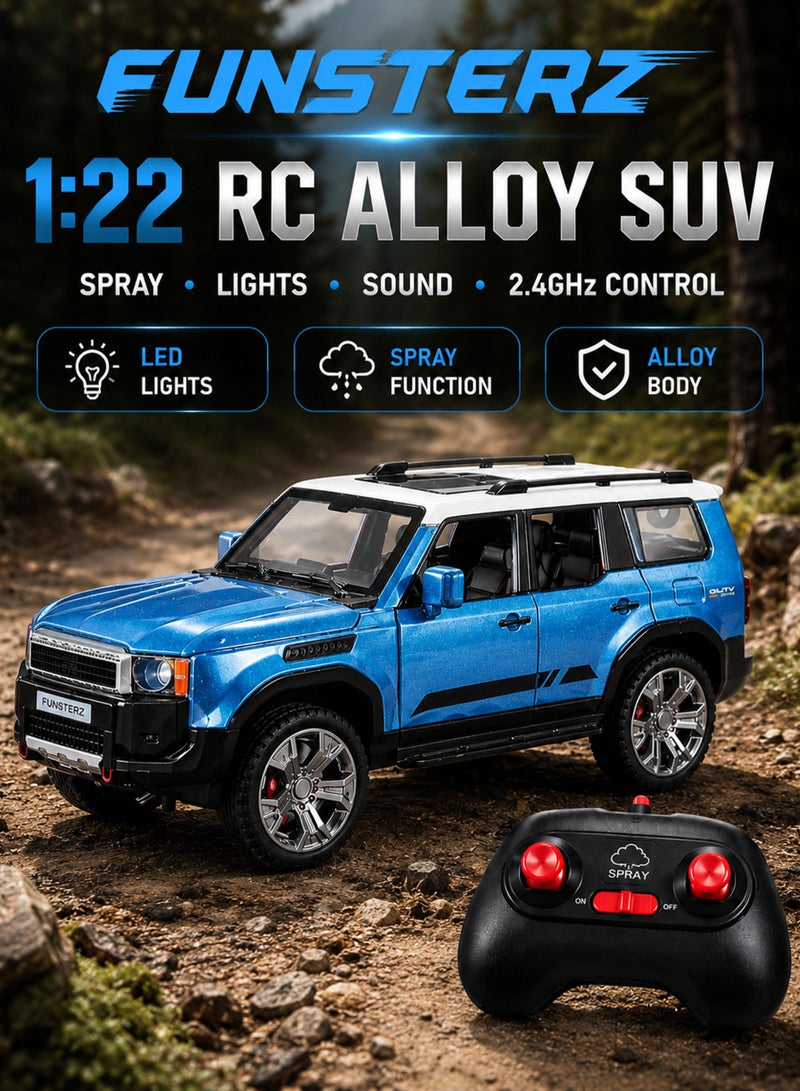 Funsterz 1:22 Toyota Prado RC Alloy Car with Spray Mist Effect, LED Lights, Sound Effects & 2.4GHz Remote Control, Rechargeable Die-Cast SUV Toy Car with Opening Doors, Hood & Trunk for Kids Boys Girls 6+ - Image 1