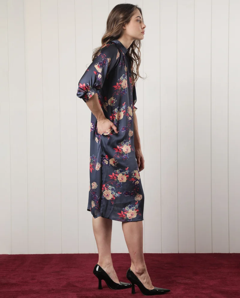 Rareism Women's Flowy Satin Floral Midi Dress