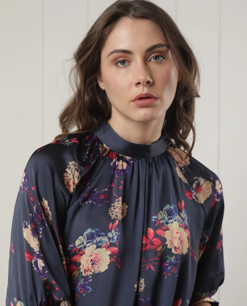 Rareism Women's Flowy Satin Floral Midi Dress