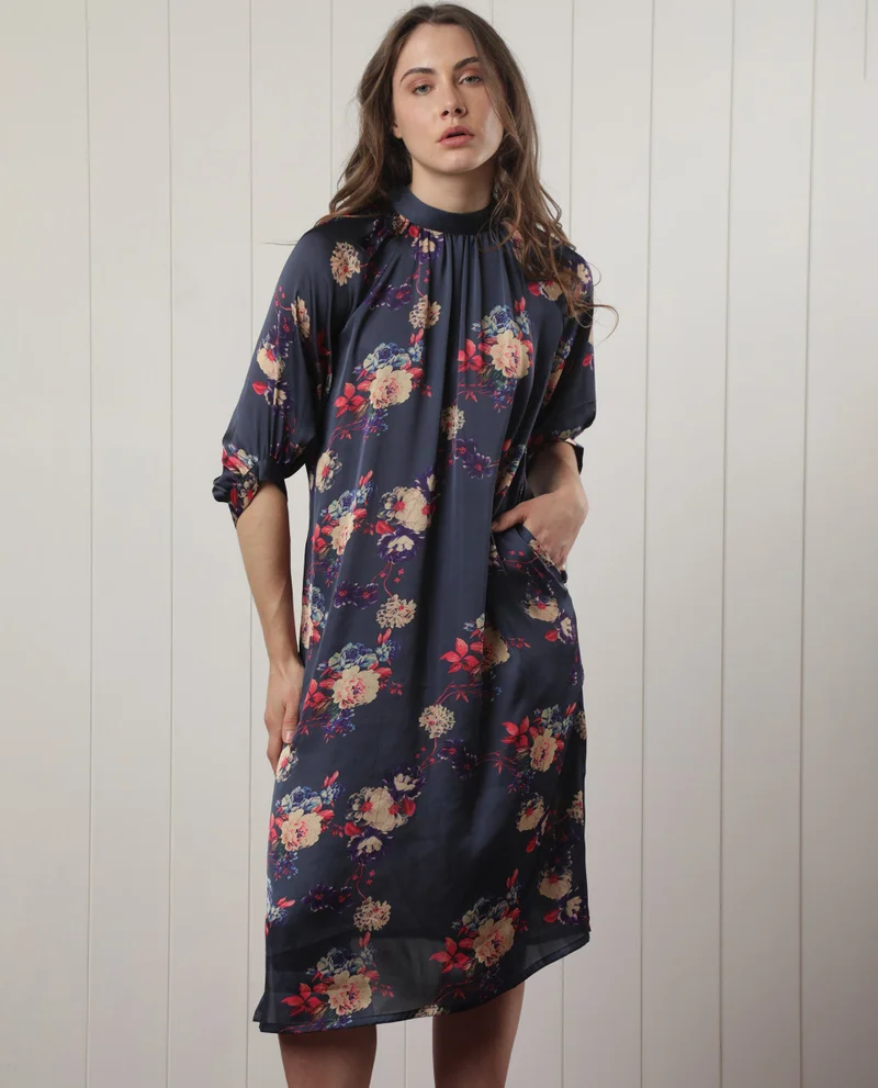 Rareism Women's Flowy Satin Floral Midi Dress