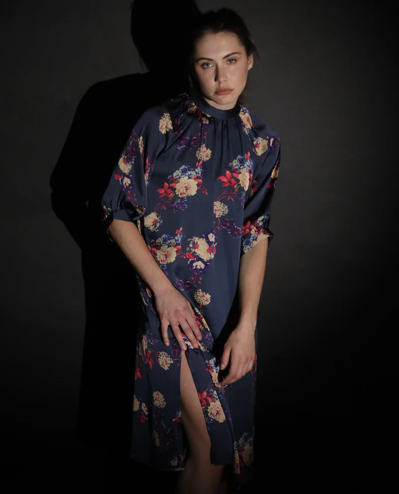 Rareism Women's Flowy Satin Floral Midi Dress