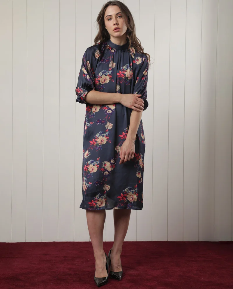 Rareism Women's Flowy Satin Floral Midi Dress