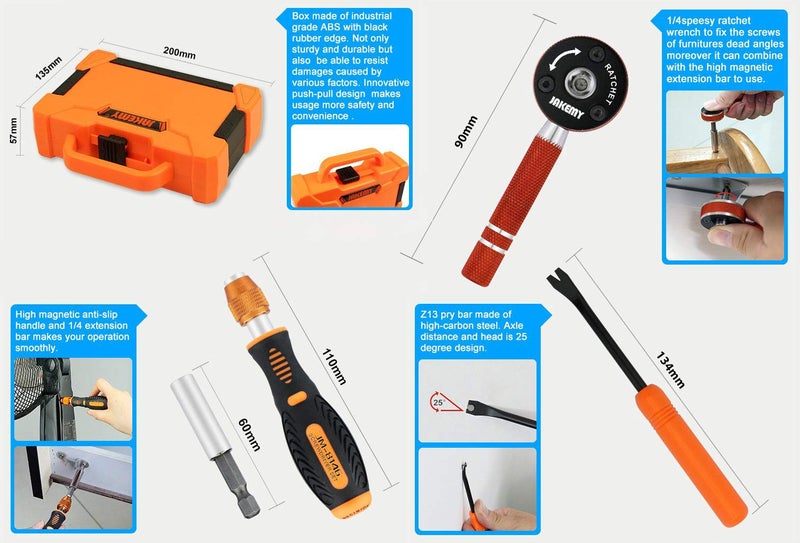 Jakemy 47 In 1 Professional CR-V Screwdriver Household Maintenance and Disassembly Tool Kit Set with Sturdy ABS Plastic Box (Black and Orange) - Image 3
