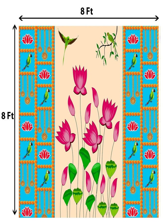 DHARA CREATION Dhara Blue Backdrop with Lotus Printed (8FT-8FT Backdrop Cloth for Pooja Decoration Traditional Background Curtain Cloth for Festival. (Washable Fabric - Image 2