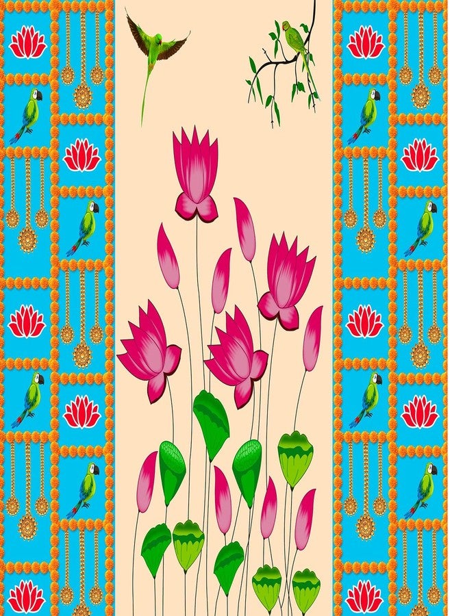 DHARA CREATION Dhara Blue Backdrop with Lotus Printed (8FT-8FT Backdrop Cloth for Pooja Decoration Traditional Background Curtain Cloth for Festival. (Washable Fabric - Image 3