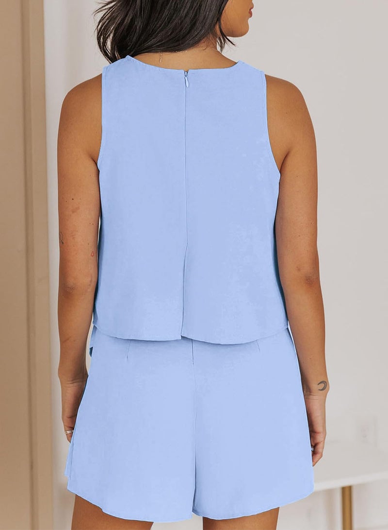 Dokotoo Womens Ladies Fashion 2025 Elegant Summer Casual Sexy Off Shoulder Halter Neck Ruffle Chiffon Sleeveless One Piece Short Romper Jumpsuits,Blue Large - Image 3