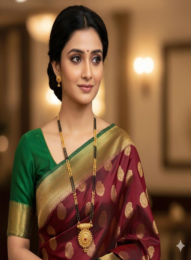 قلادة مانجالسوترا طويلة تقليدية من ولاية ماهاراشترا من AAIKU مع قلادة وأقراط | سلسلة خرز سوداء مطلية بالذهب العتيق | مجوهرات مصقولة بدقة للنساء والفتيات | مانجالسوترا أنيقة للنساء (36 بوصة) - Image 2