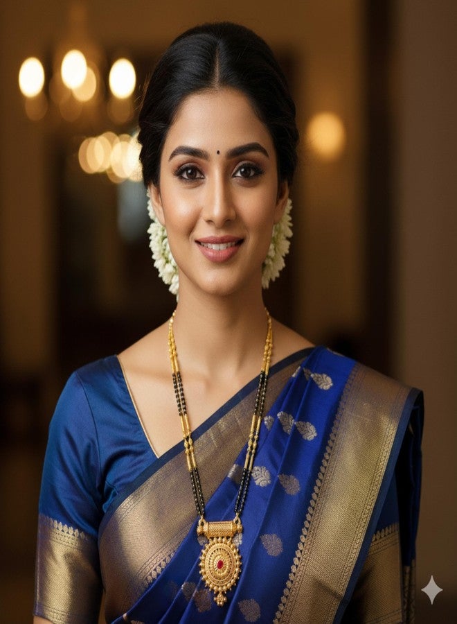 قلادة مانجالسوترا طويلة تقليدية من ولاية ماهاراشترا من AAIKU مع قلادة وأقراط | سلسلة خرز سوداء مطلية بالذهب العتيق | مجوهرات مصقولة بدقة للنساء والفتيات | مانجالسوترا أنيقة للنساء (36 بوصة) - Image 4