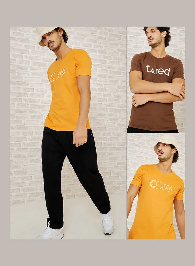 Styli Pack of 2 - Slogan Print Regular Fit T-shirt