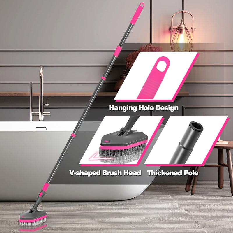 NEWE Shower Cleaner Brush, Tub Tile Scrubber with Telescopic Long Handle 60 inches, 4 Scrub Heads for Cleaning Bathroom Bathtub Floor Baseboard Sink Kitchen Toilet (Grey Red) - Image 5