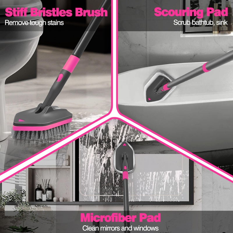 NEWE Shower Cleaner Brush, Tub Tile Scrubber with Telescopic Long Handle 60 inches, 4 Scrub Heads for Cleaning Bathroom Bathtub Floor Baseboard Sink Kitchen Toilet (Grey Red) - Image 3
