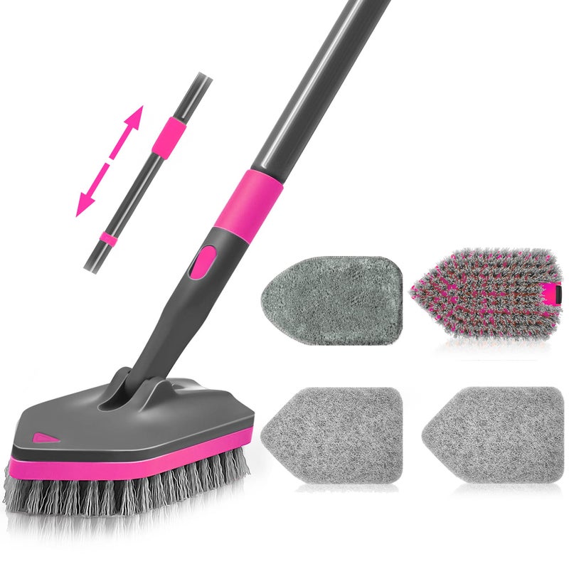 NEWE Shower Cleaner Brush, Tub Tile Scrubber with Telescopic Long Handle 60 inches, 4 Scrub Heads for Cleaning Bathroom Bathtub Floor Baseboard Sink Kitchen Toilet (Grey Red) - Image 1