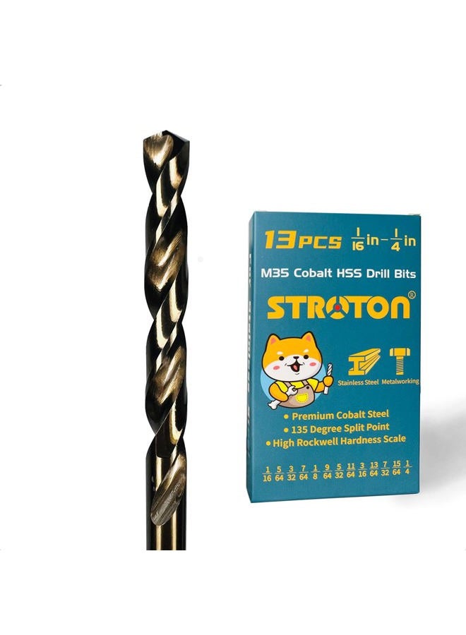 STROTON Cobalt Drill Bit Set (1/16-1/4 Inch, 13PCS), M35 High Speed Steel Twist Drill Bits for Stainless Steel, Hard Metal, Cast Iron, Plastic and Wood - Image 2