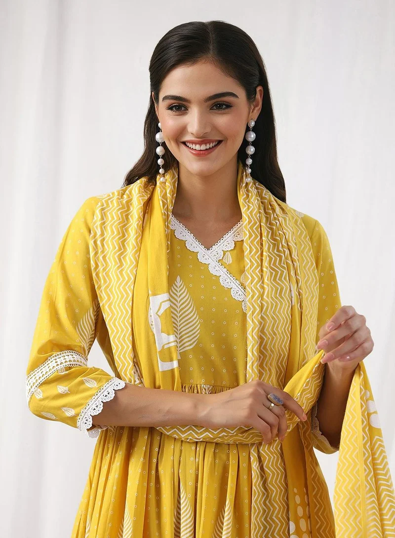 آي شين Women's Yellow 100% Cotton Embellished Tunic Full Length Casual Straight Fit Kurta Set