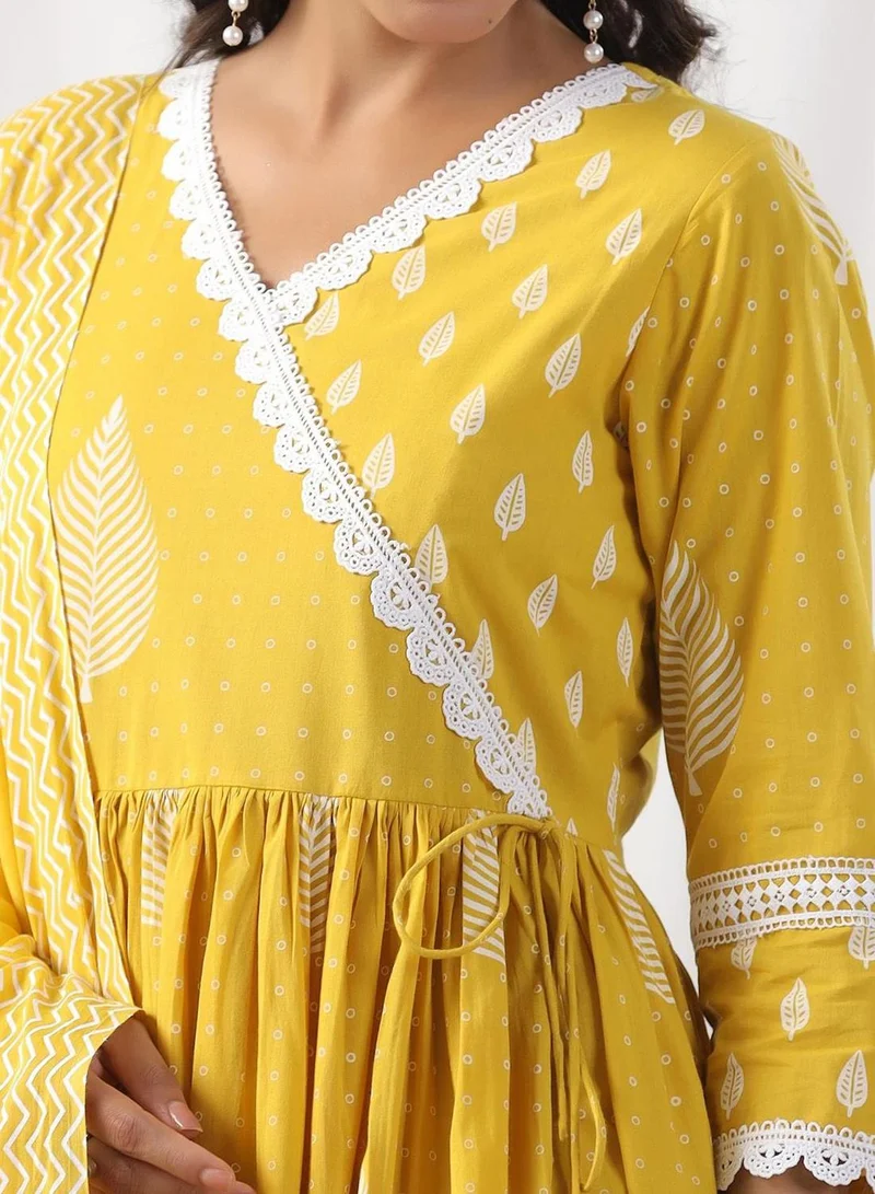 آي شين Women's Yellow 100% Cotton Embellished Tunic Full Length Casual Straight Fit Kurta Set