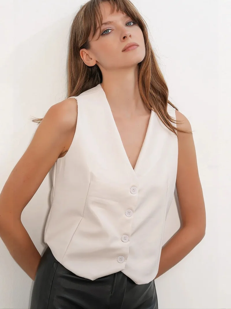BDART Faux Leather V-Neck Buttoned Crop Vest