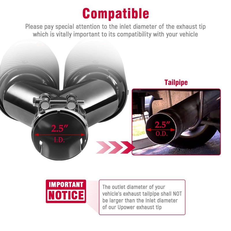 Upower Pack of 2 Carbon Fiber Exhaust Tip Tailpipe 2.5 Inch Inlet 3.5" outlet 9.8" Length Stainless Steel Exhaust Muffler Tip for Car Truck - Image 4