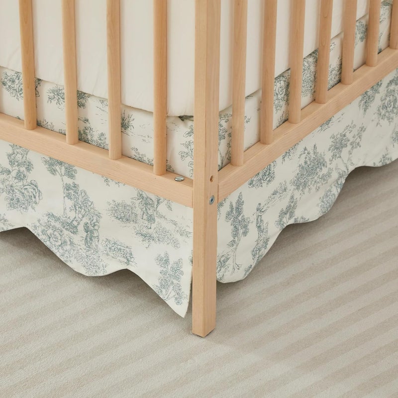 Brandream Scallop Edge Cotton Crib Skirt French Country Toile Toddler Bedskirt Baby Nursery Crib Bed Skirt Boho Bohemian Neutral Vintage Green Toile Floral Farmhouse Chic Boho Bohemian Skirt - Image 3