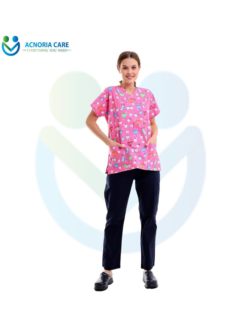 ACNORIA CARE Women's Printed Medical Scrubs Consisting Of Two Pieces Blouse And Pants 65% Polyester, 35% Cotton Pink Color - Size S - From Acnoria Care  - Image 1