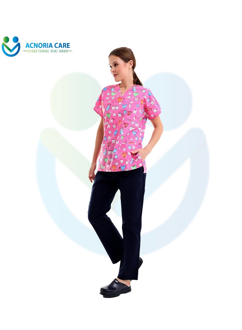 ACNORIA CARE Women's Printed Medical Scrubs Consisting Of Two Pieces Blouse And Pants 65% Polyester, 35% Cotton Pink Color - Size S - From Acnoria Care  - Image 4